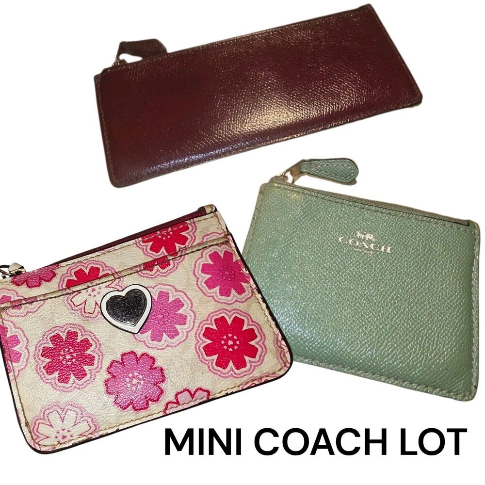 COACH Lot Sage Green/Red Pink Logo Debit Card & Burgundy Zip Top Coin Case Pouch